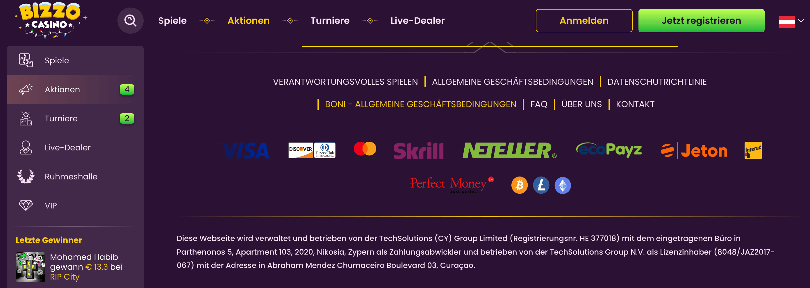 Bankmethoden bei Bizzo Casino