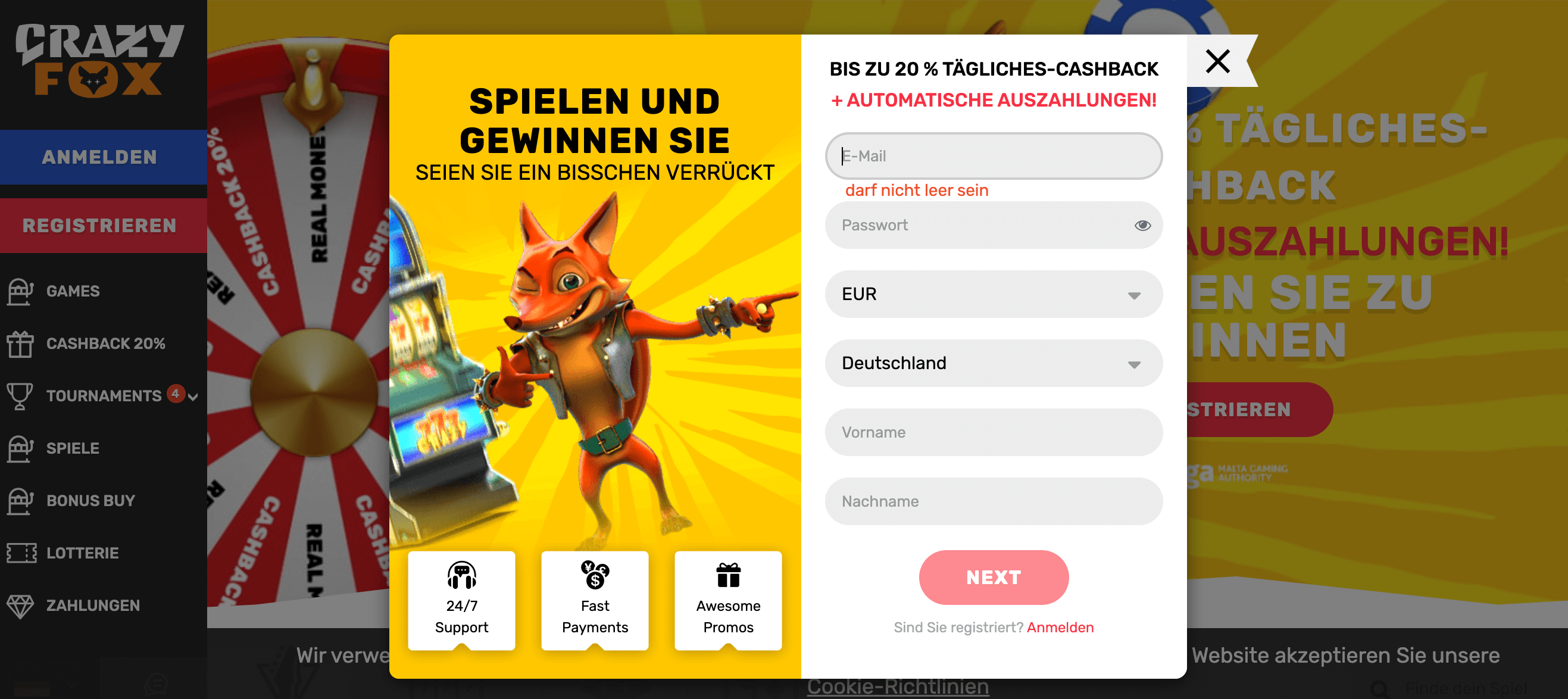 crazy fox casino login