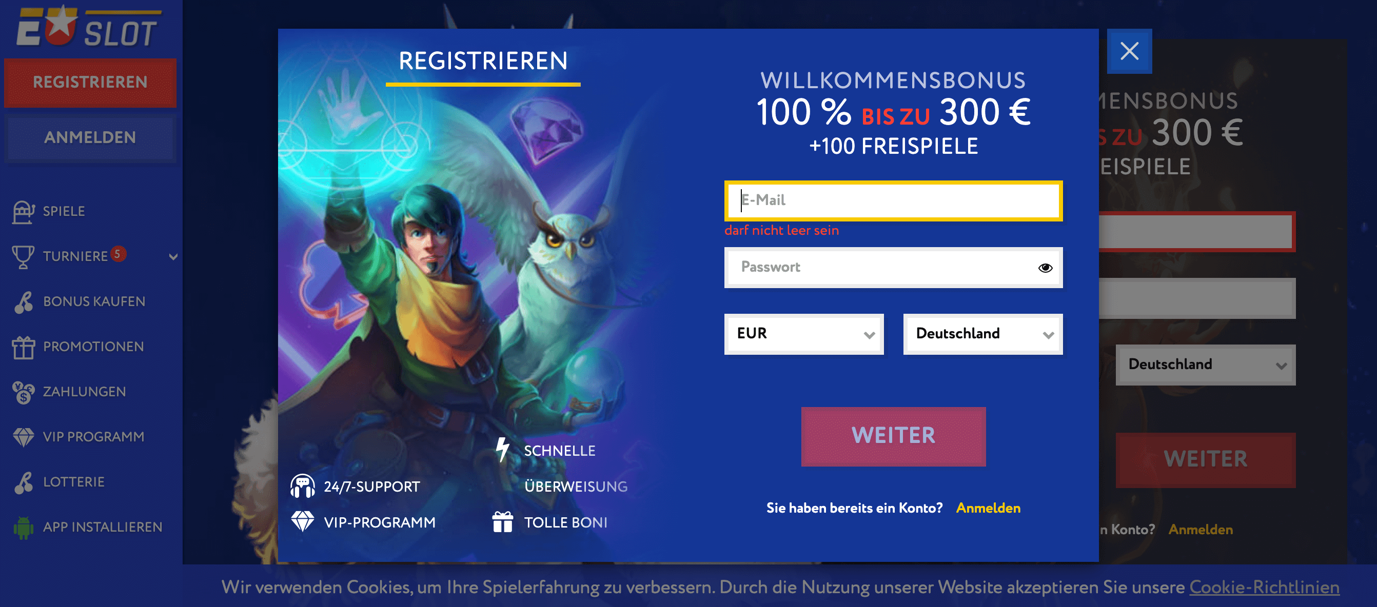 Die Registrierung eines neuen Kontos bei EU Slot